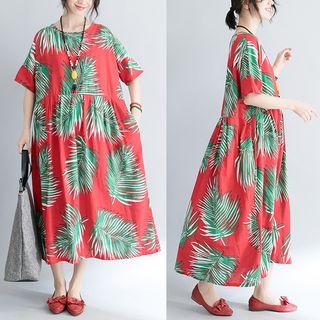 Short-sleeve Leaf Print Midi Dress Red - One Size
