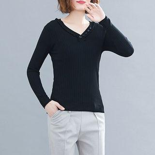 Plain Knit V-neck Long-sleeve T Shirt