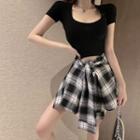 Square-neck Short-sleeve T-shirt / Plaid Skort