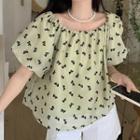 Puff-sleeve Bow Blouse Green - One Size