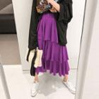 Band-waist Layered Long Skirt Purple - One Size