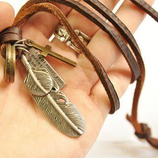 Feather Genuine Leather Necklace Coffee - One Size