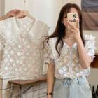 Short Sleeve Doll-collar Lace Trim Floral Blouse