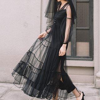 Plain Slipdress / Mesh Long-sleeve Maxi A-line Dress