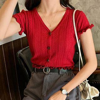 Frill-hem Short-sleeve Eyelet Knit Top