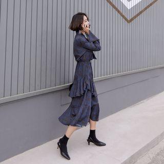 Tie-front Pattern Tiered Long Dress