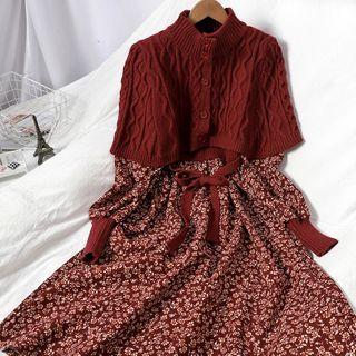 Set: Long-sleeve Flower Print Midi A-line Dress + Cable-knit Cape
