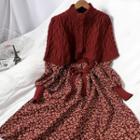 Set: Long-sleeve Flower Print Midi A-line Dress + Cable-knit Cape