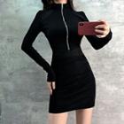 Long-sleeve Half-zip Mock-neck Mini Bodycon Dress