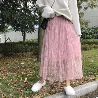 Wrinkle Midi Mesh-overlay A-line Skirt