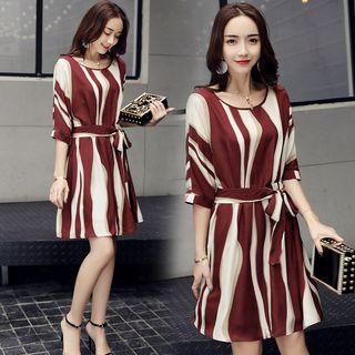 Tie Waist Elbow-sleeve Dress