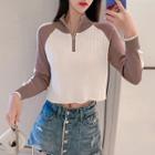 Half-zip Two-tone Cropped Knit Top
