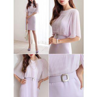 Bell-sleeve Pleated-panel Dress With Belt