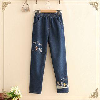 Animal Embroidered Fleece-lined Jeans