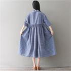 3/4 Sleeve Plaid Shirred Midi Dress