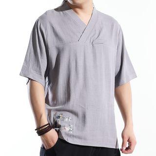 Elbow-sleeve Bird Embroidered Top