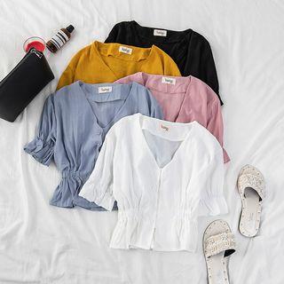 Gather Waist V-neck Blouse