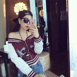 Off-shoulder Embroidered Zip Baseball Jacket
