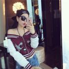 Off-shoulder Embroidered Zip Baseball Jacket