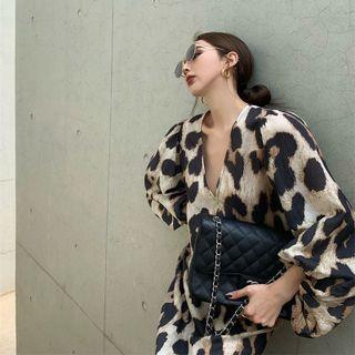 Lantern-sleeve V-neck Leopard Dress As Figure - One Size