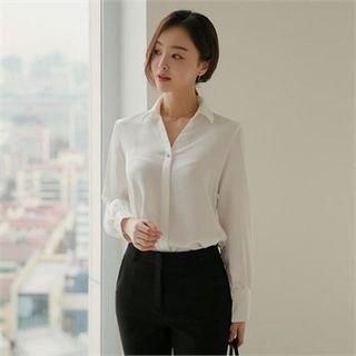 V-neck Faux-pearl Button-trim Blouse