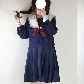 Sailor Collar Long-sleeve Top / Pleated A-line Skirt