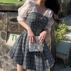 Short-sleeve Panel Plaid A-line Dress