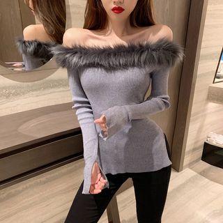 Faux-fur Off-shoulder Long-sleeve Knit Top