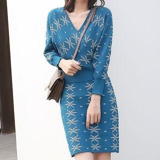 Set: V-neck Jacquard Sweater + Midi A-line Knit Skirt