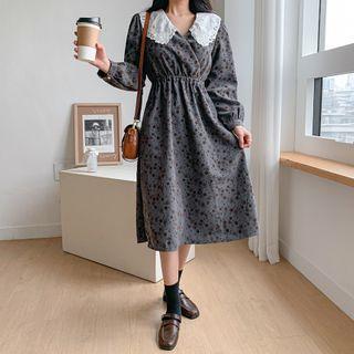 Contrast-collar Crochet-trim Floral Dress