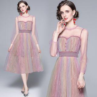 Long-sleeve Rainbow Mesh Overlay Midi A-line Dress