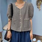 Puff-sleeve Button-up Check Blouse Plaid - Black & White - One Size
