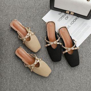 Square-toe Studded Ribbed Knit Mules