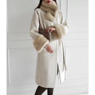 Set: Faux-fur Cuff Wrap Coat With Sash + Muffler