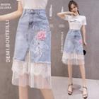Lace Panel Embroidered Denim Midi A-line Skirt
