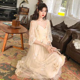 Spaghetti-strap Midi A-line Mesh Dress / Mesh Open-front Jacket