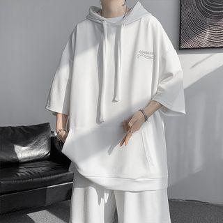 Set: 3/4-sleeve Lettering Hoodie + Wide Leg Shorts