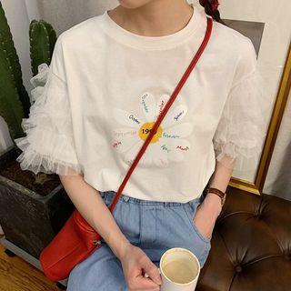 Mesh Panel Short-sleeve Flower Print T-shirt