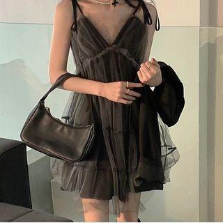 Spaghetti Strap Mesh Midi Dress Black - One Size