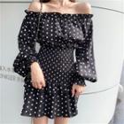 Long-sleeve Off-shoulder Dotted Mini A-line Dress Black - One Size
