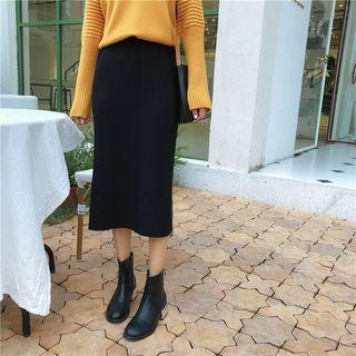 Straight Cut Midi Knit Skirt Black - One Size