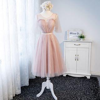 Short-sleeves Tulle Midi Prom Dress