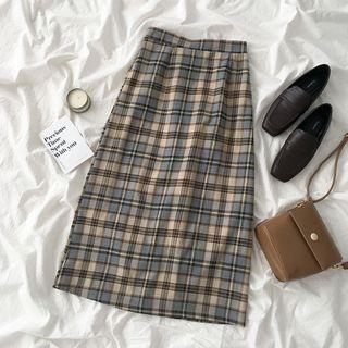 Midi Plaid A-line Skirt Grayish Blue - One Size