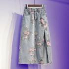 Flower Print Slit Denim Midi A-line Skirt