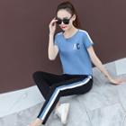 Set: Short-sleeve Contrast Trim Letter T-shirt + Cropped Straight Fit Pants