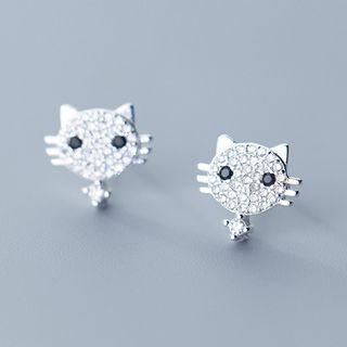 925 Sterling Silver Rhinestone Cat Earring 1 Pair - One Size