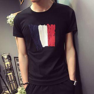 Short-sleeve Embroidered Color-block Crewneck T-shirt