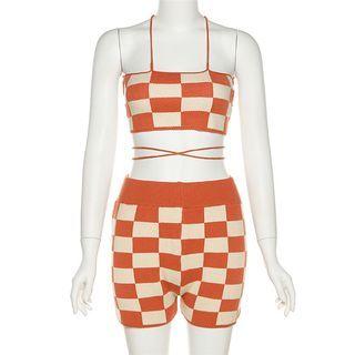 Set: Halter-neck Checker Print Knit Top + Knit Shorts