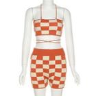 Set: Halter-neck Checker Print Knit Top + Knit Shorts