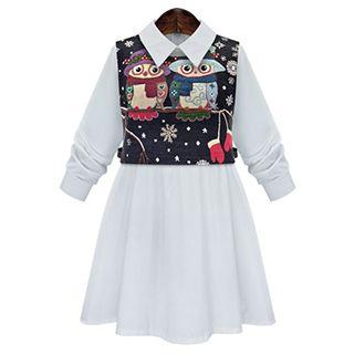 Set: Long-sleeve Tie Waist Dress + Owl Vest